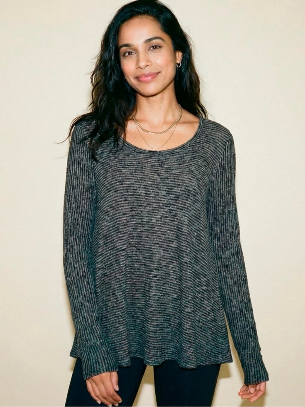 Women's Long Sleeve Scoop Neck Ribbed Top - Charcoal Gray